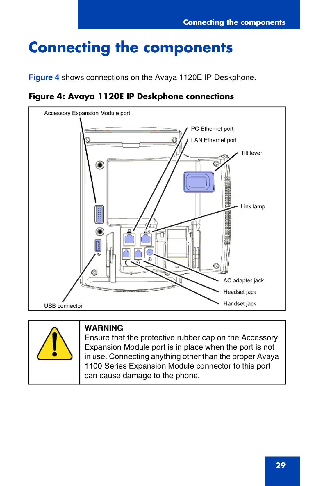 Avaya manual Connecting the components, Avaya 1120E IP Deskphone connections 