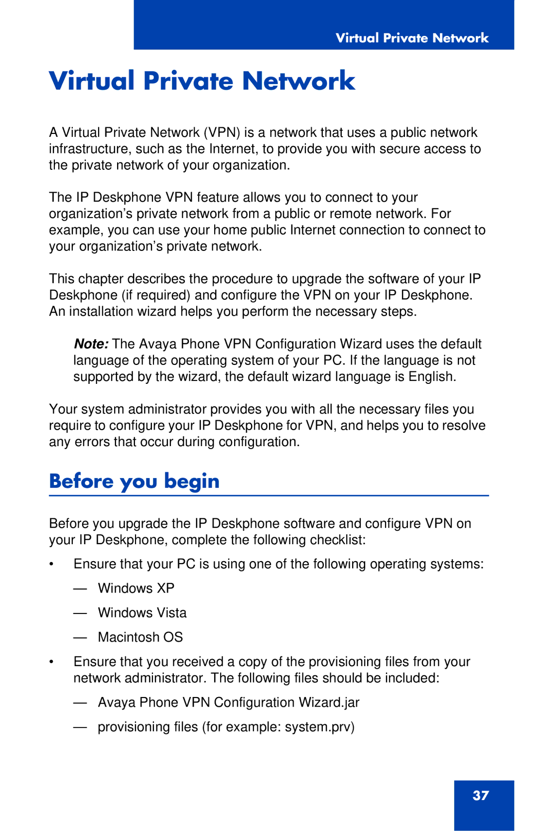 Avaya 1120E manual Virtual Private Network, Before you begin 