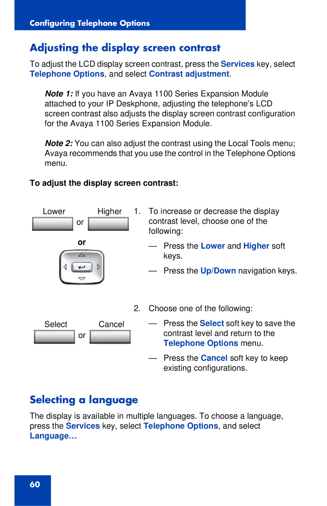 Avaya 1120E Adjusting the display screen contrast, Selecting a language, To adjust the display screen contrast, Language… 