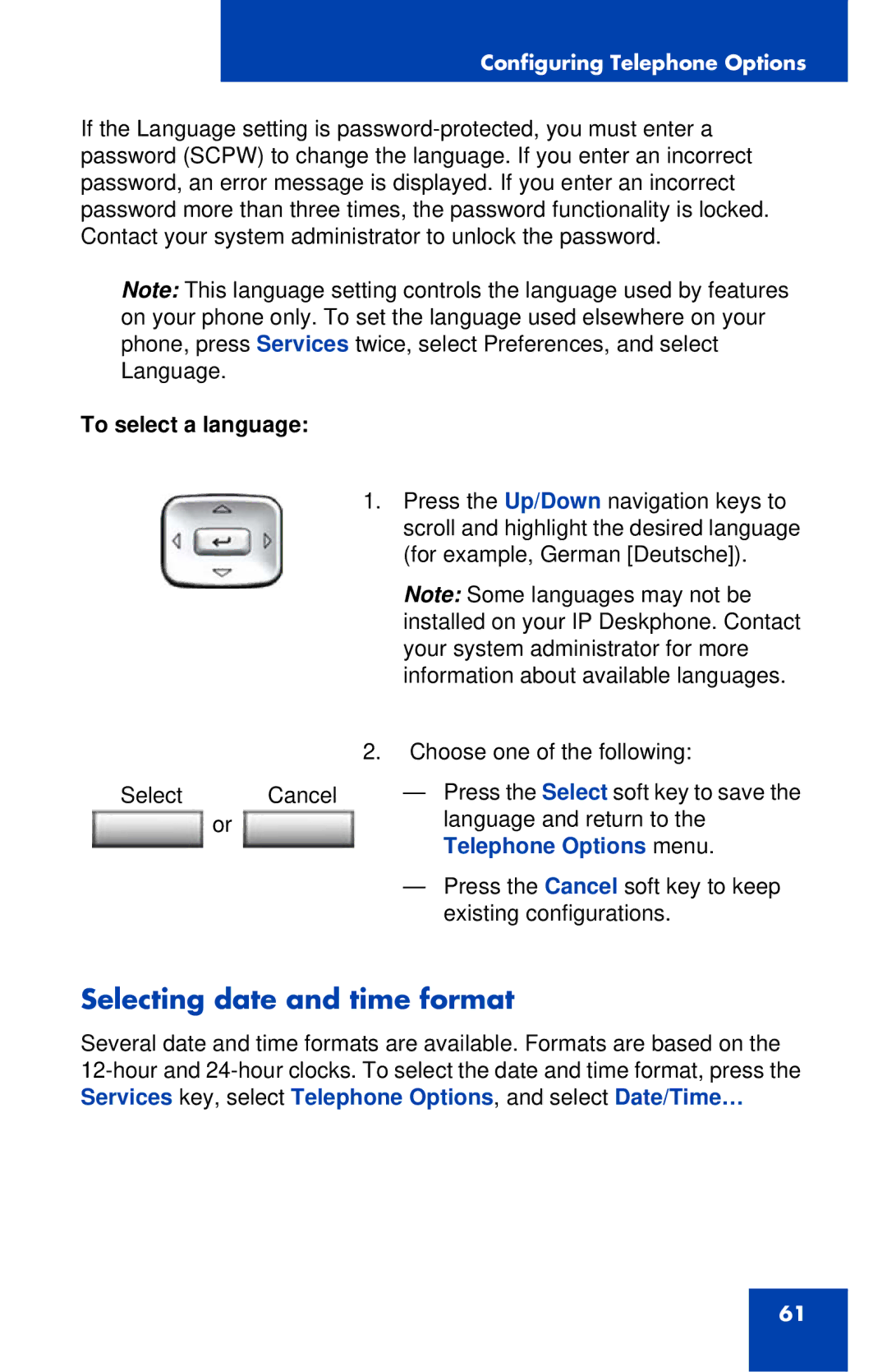 Avaya 1120E manual Selecting date and time format, To select a language 