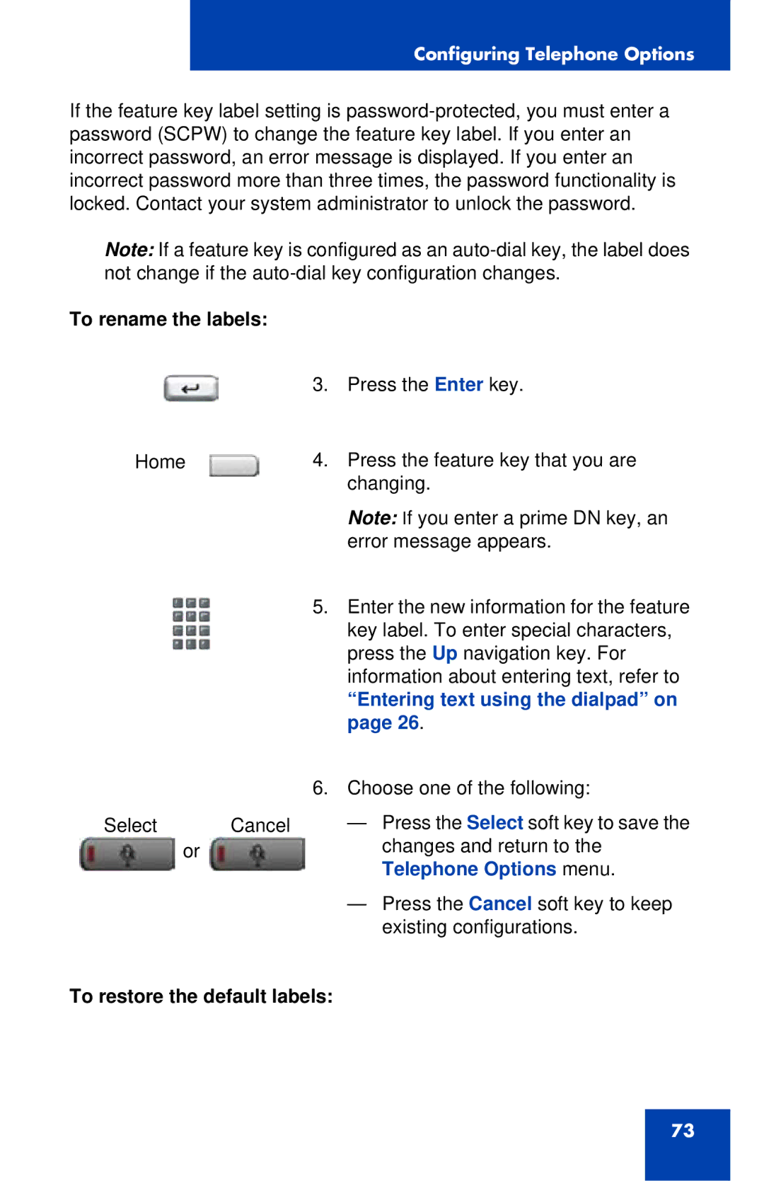 Avaya 1120E manual To rename the labels, Entering text using the dialpad on, To restore the default labels 