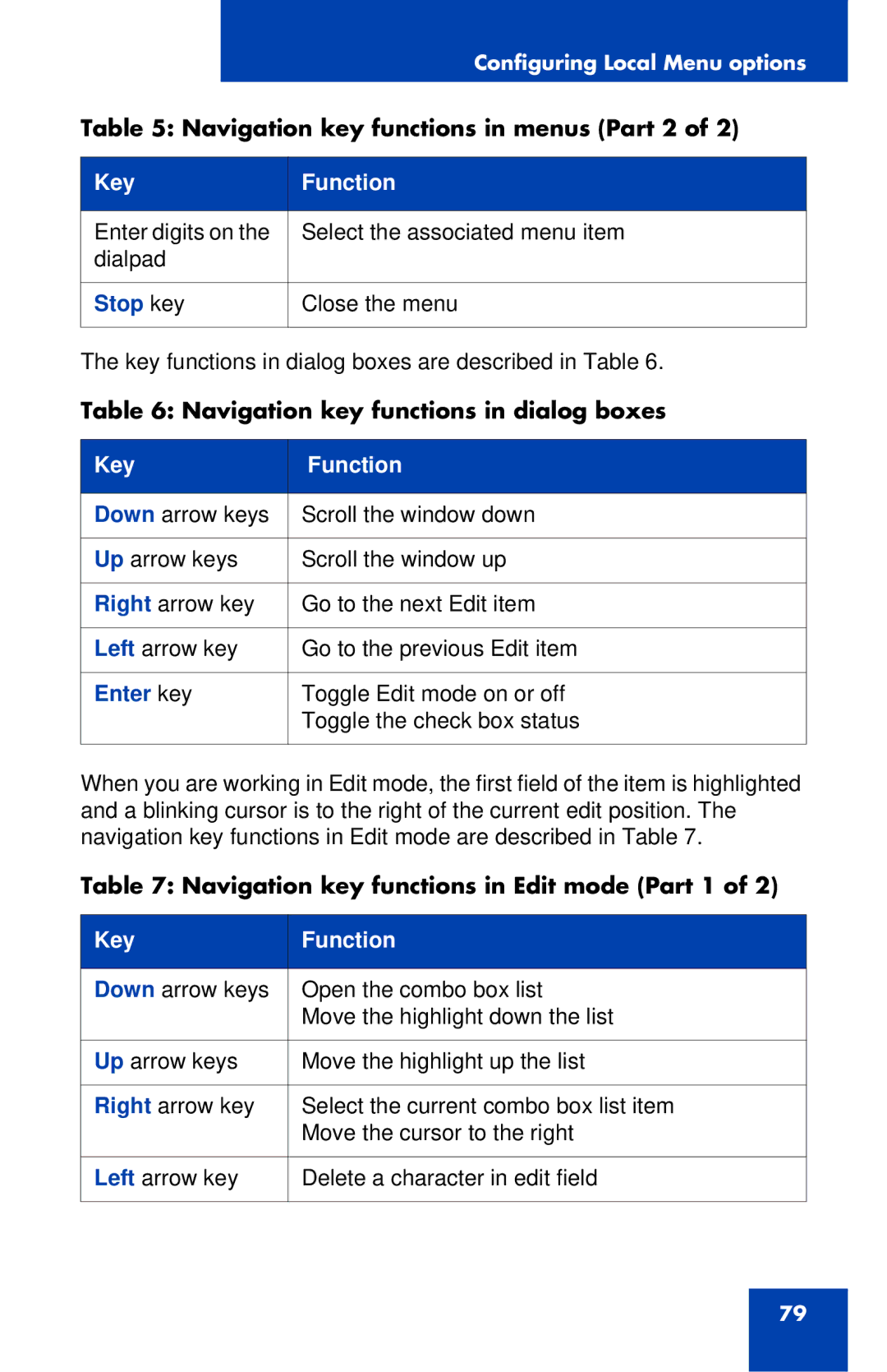 Avaya 1120E manual Navigation key functions in menus Part 2, Stop key, Navigation key functions in dialog boxes 