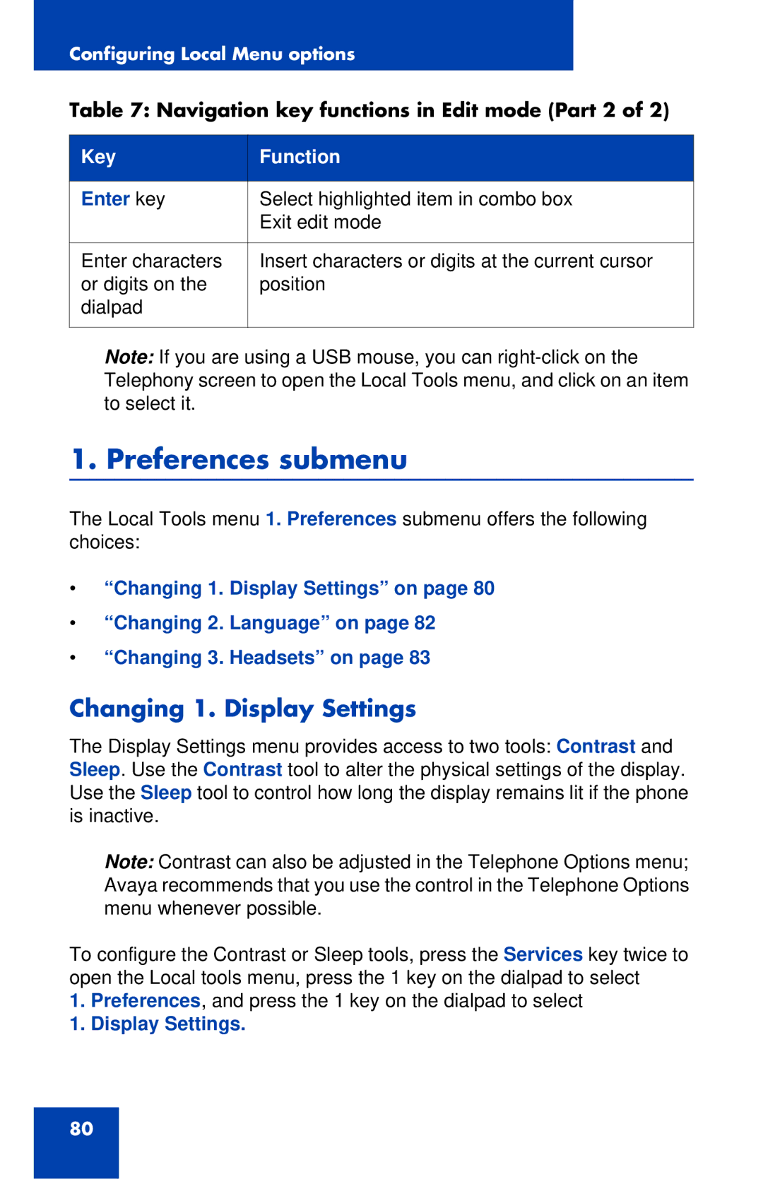 Avaya 1120E manual Preferences submenu, Changing 1. Display Settings, Navigation key functions in Edit mode Part 2 