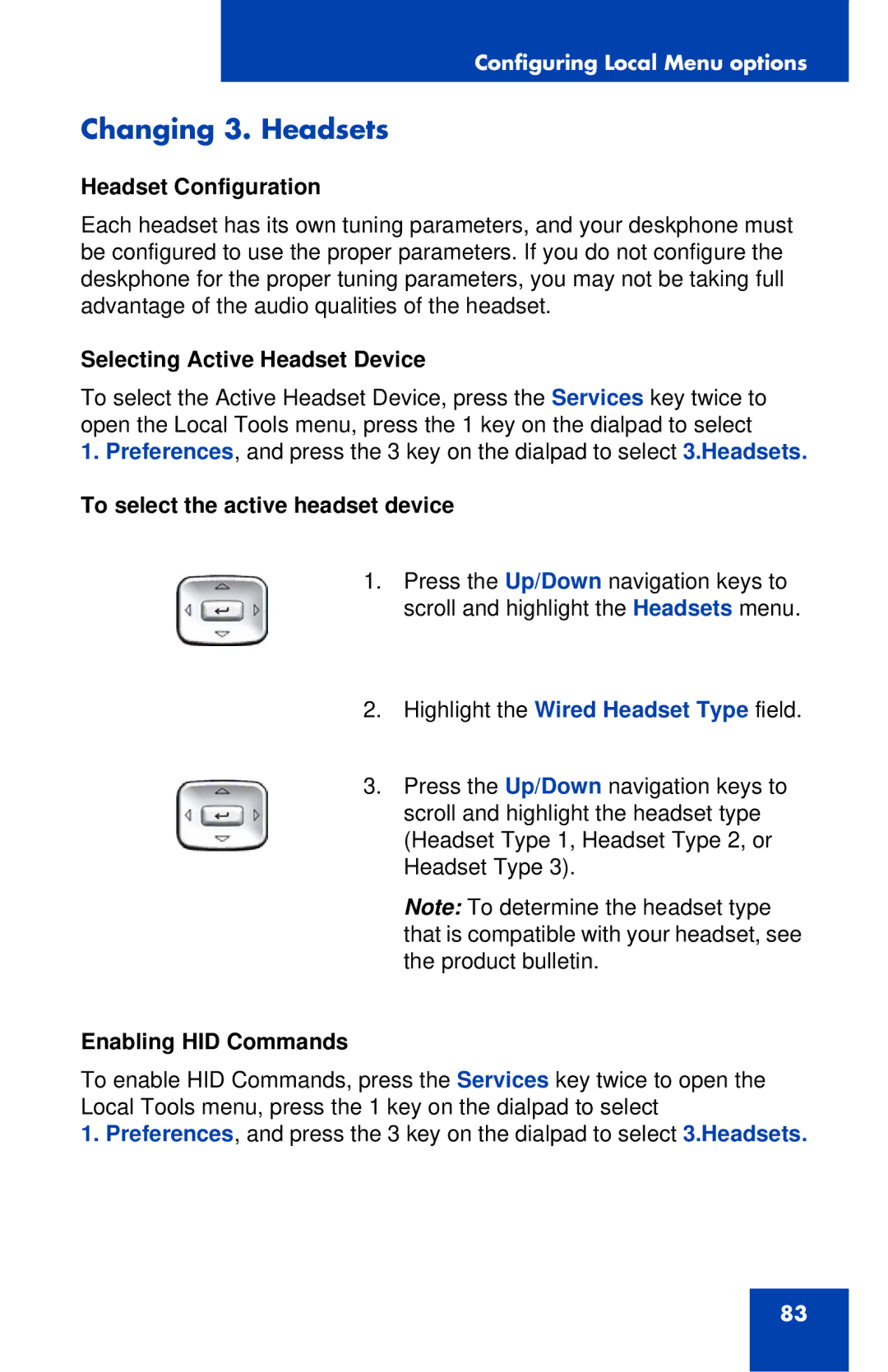 Avaya 1120E manual Changing 3. Headsets, Headset Configuration, Selecting Active Headset Device, Enabling HID Commands 