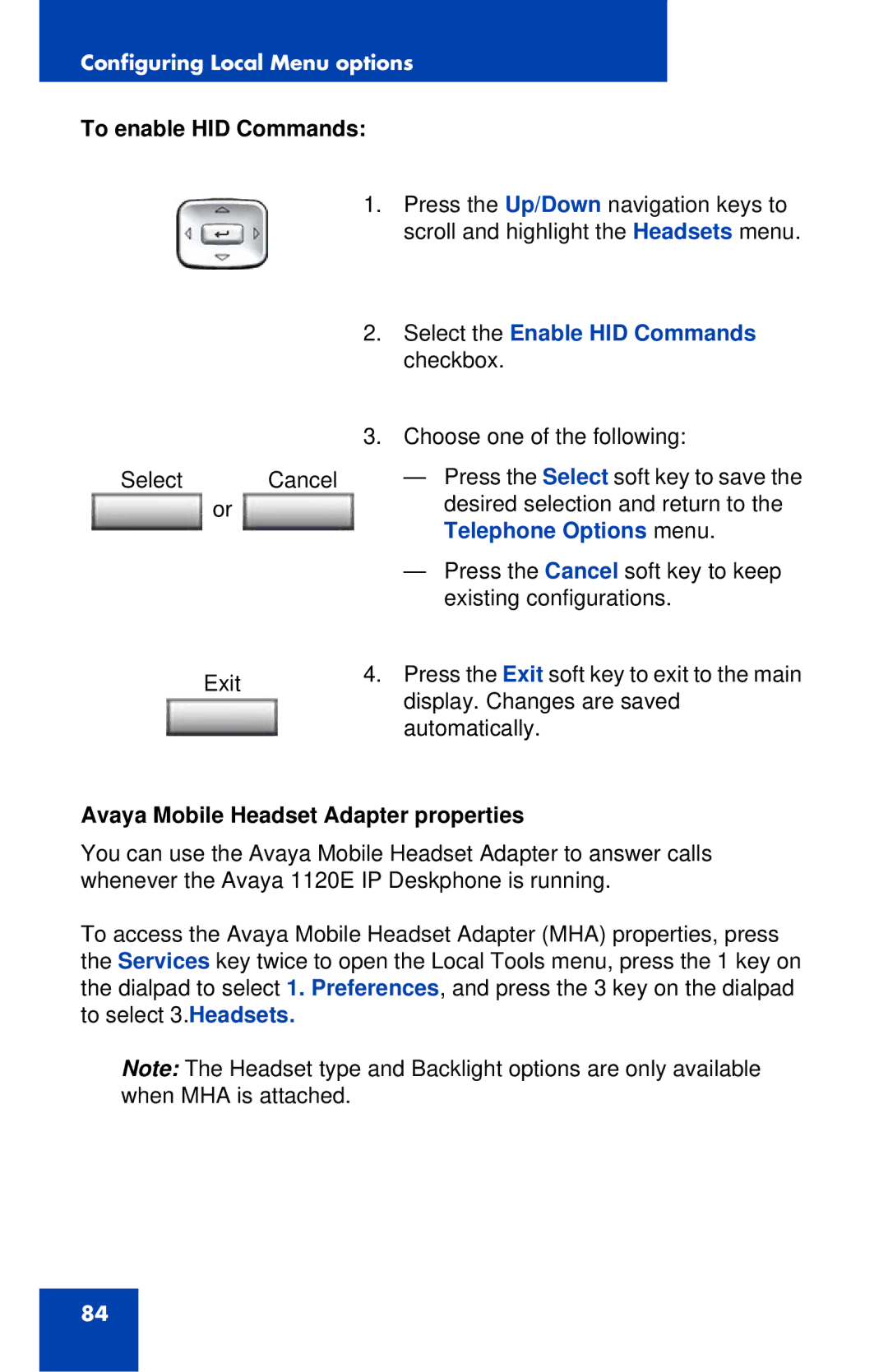 Avaya 1120E manual To enable HID Commands, Select the Enable HID Commands checkbox, Avaya Mobile Headset Adapter properties 