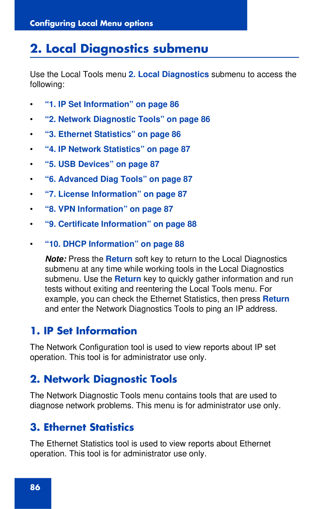 Avaya 1120E manual Local Diagnostics submenu, IP Set Information, Network Diagnostic Tools, Ethernet Statistics 