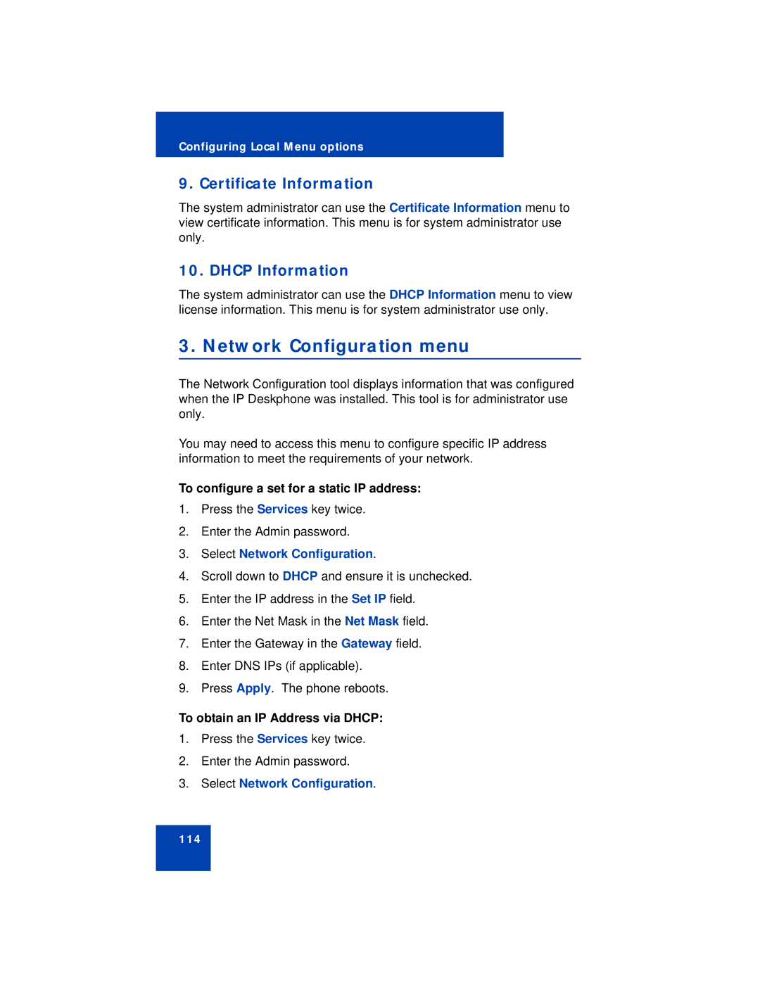 Avaya 1140E manual Network Configuration menu, Certificate Information, Dhcp Information, Select Network Configuration 