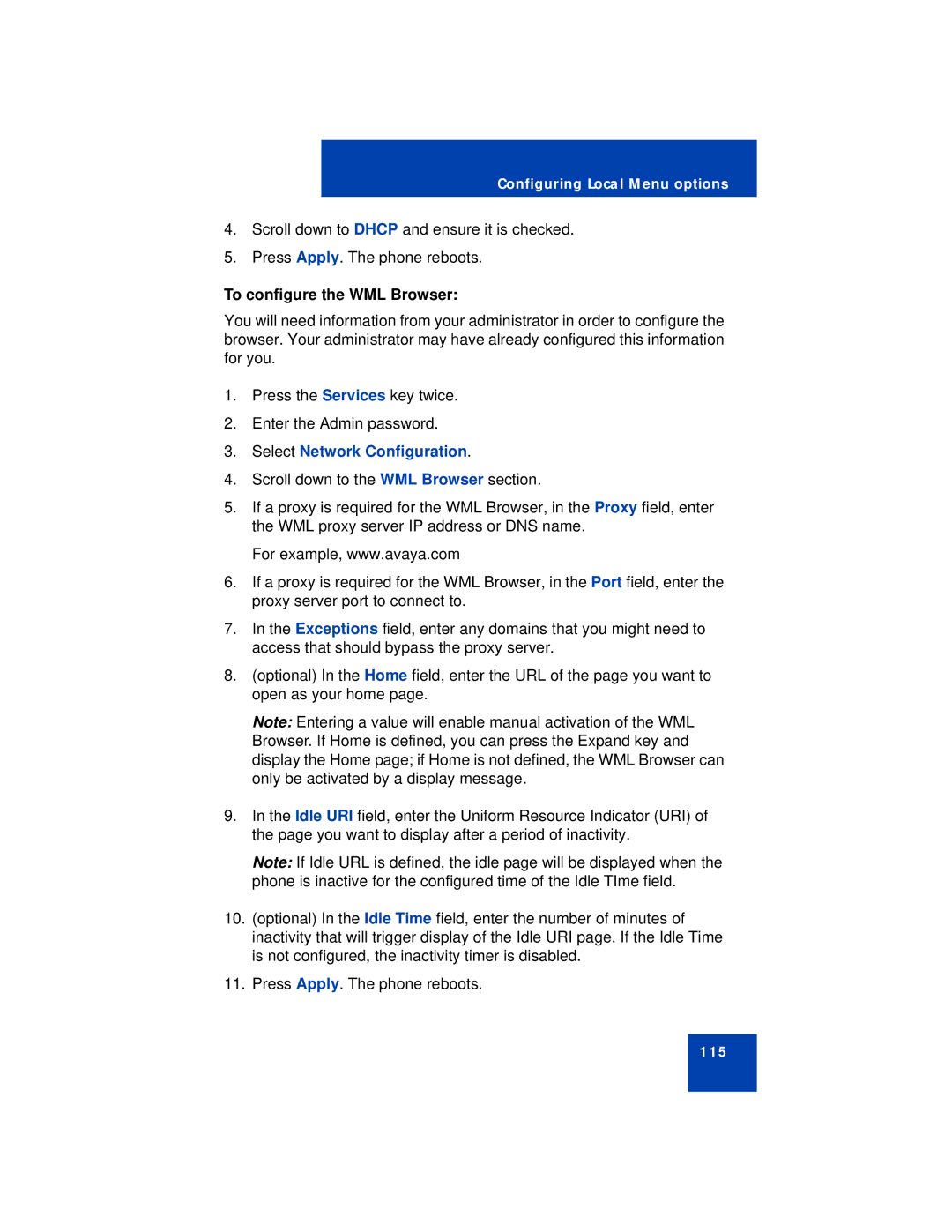 Avaya 1140E manual To configure the WML Browser 