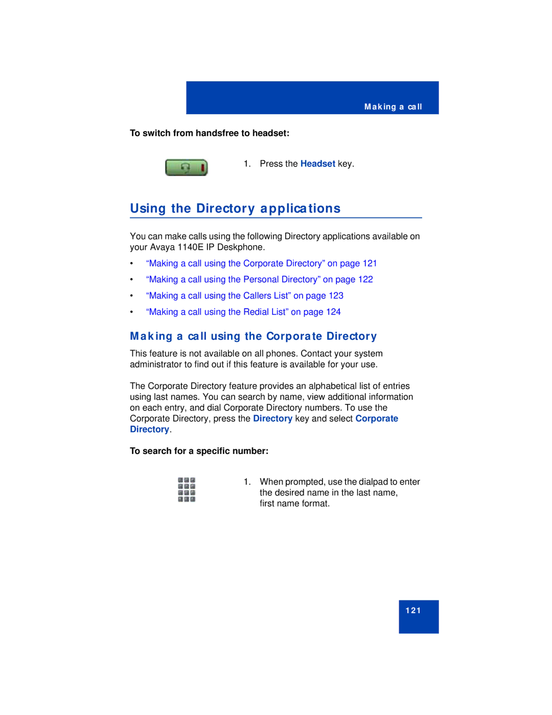 Avaya 1140E Using the Directory applications, Making a call using the Corporate Directory, To search for a specific number 