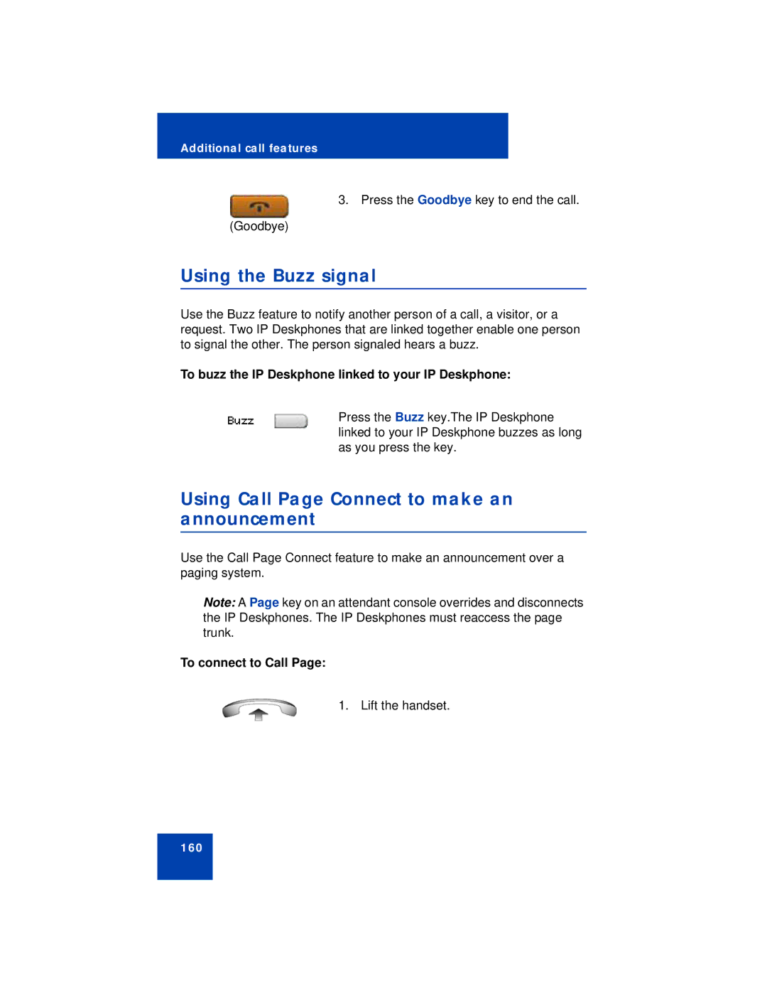 Avaya 1140E manual Using the Buzz signal, Using Call Page Connect to make an announcement, To connect to Call 