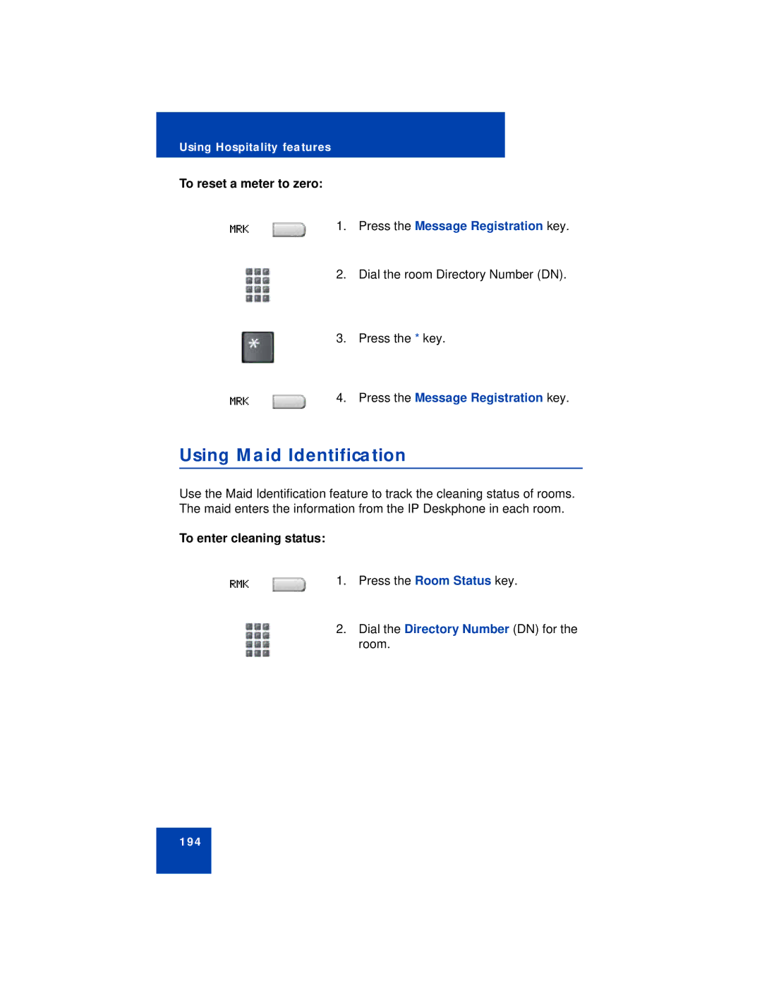 Avaya 1140E manual Using Maid Identification, To reset a meter to zero, To enter cleaning status 