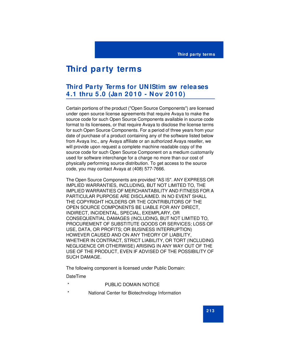 Avaya 1140E manual Third party terms, Public Domain Notice 