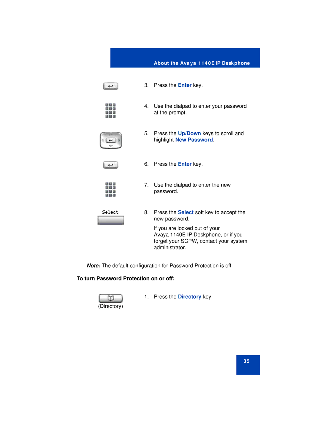 Avaya 1140E manual Highlight New Password, To turn Password Protection on or off 