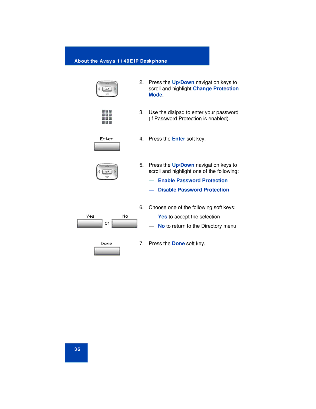 Avaya 1140E manual Mode, Enable Password Protection, Disable Password Protection 