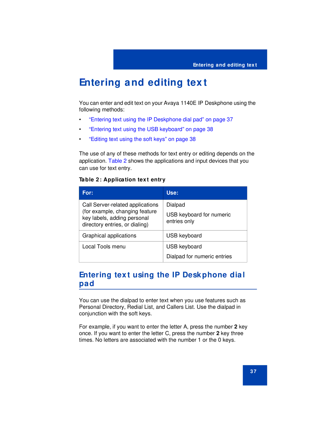 Avaya 1140E manual Entering and editing text, Entering text using the IP Deskphone dial pad, Application text entry 