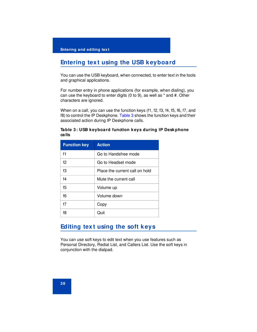 Avaya 1140E manual Entering text using the USB keyboard, Editing text using the soft keys 