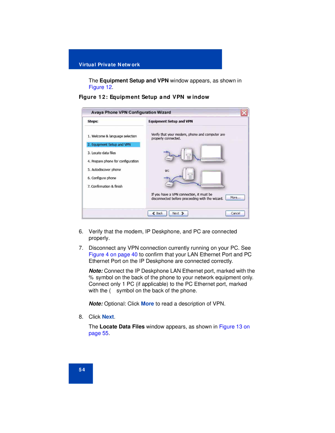 Avaya 1140E manual Equipment Setup and VPN window 