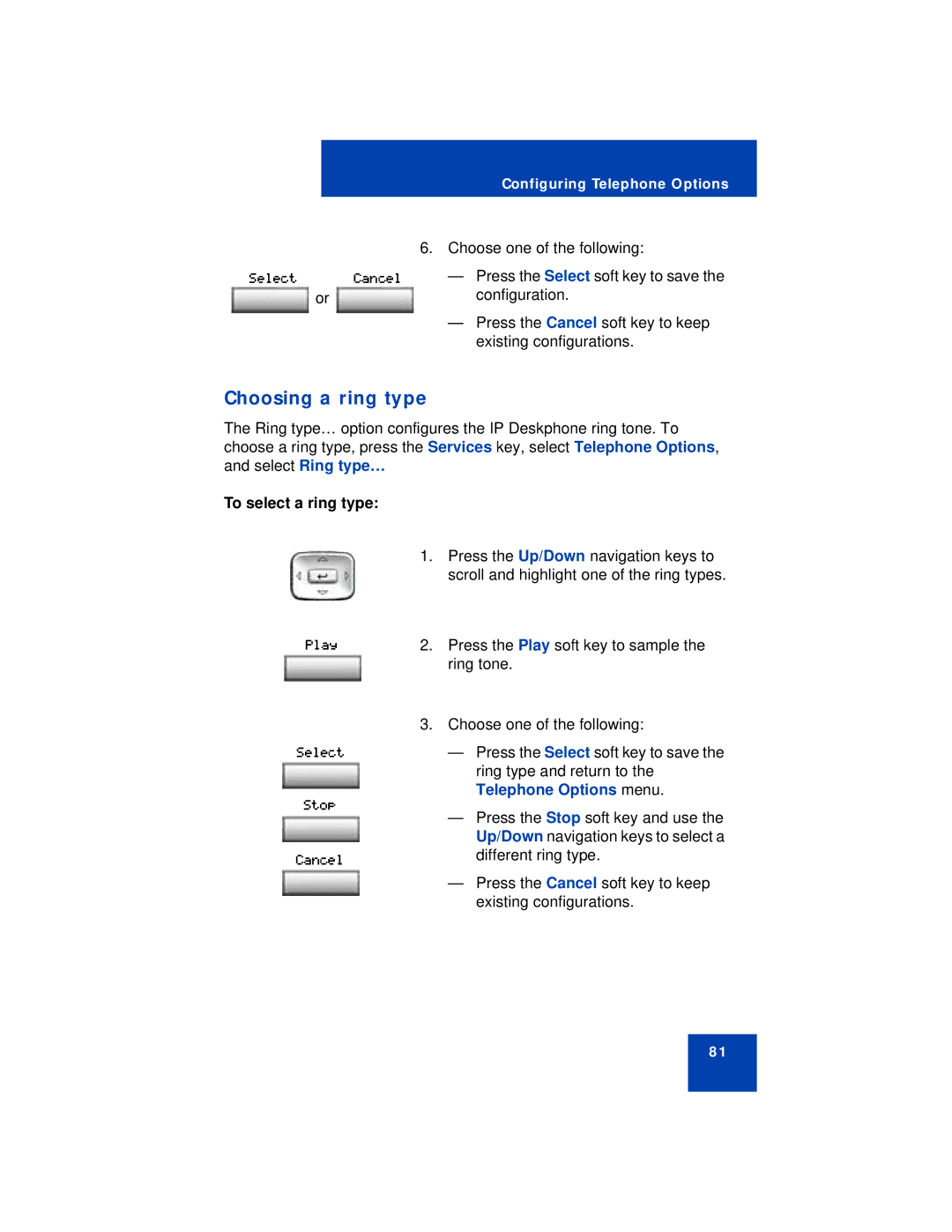 Avaya 1140E manual Choosing a ring type, To select a ring type 