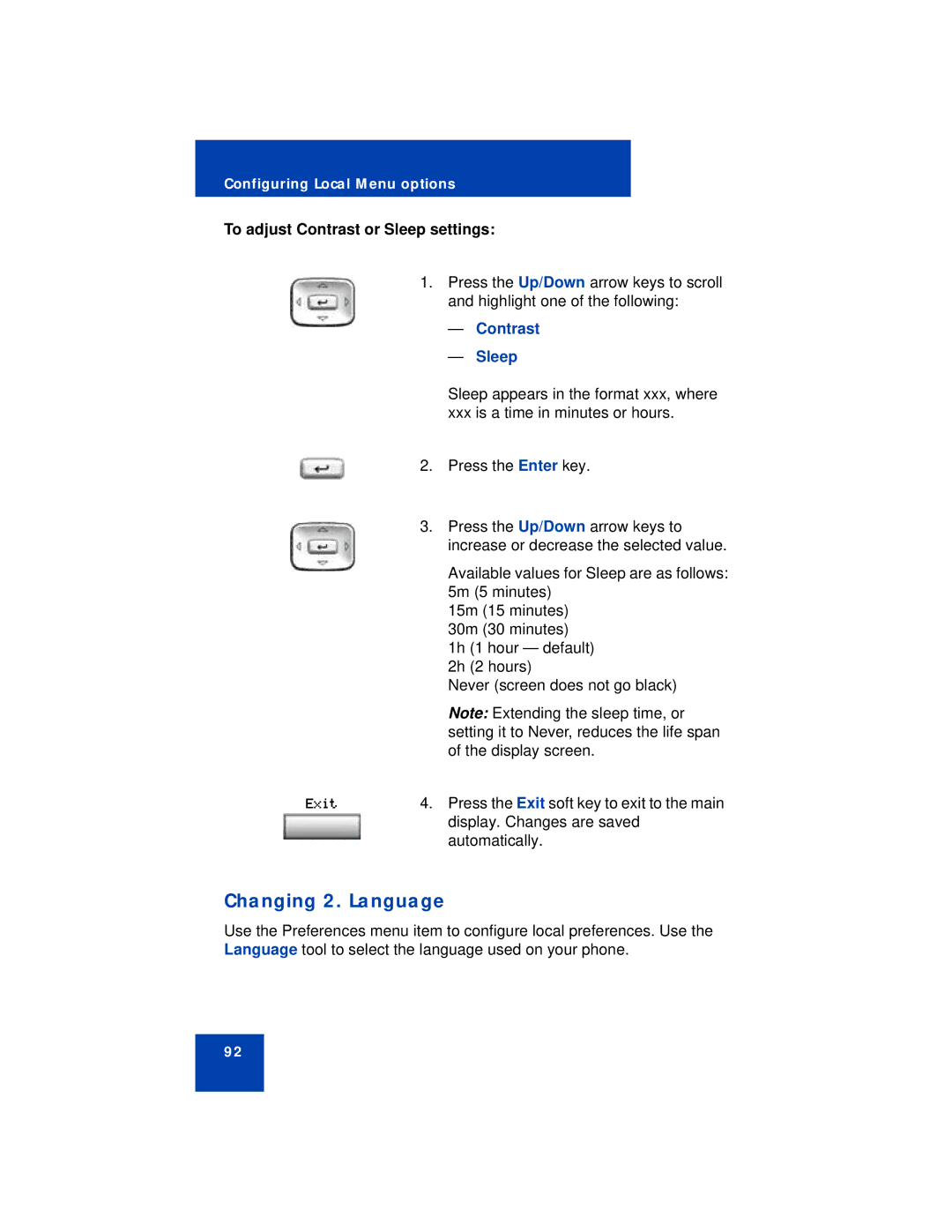 Avaya 1140E manual Changing 2. Language, To adjust Contrast or Sleep settings, Contrast Sleep 