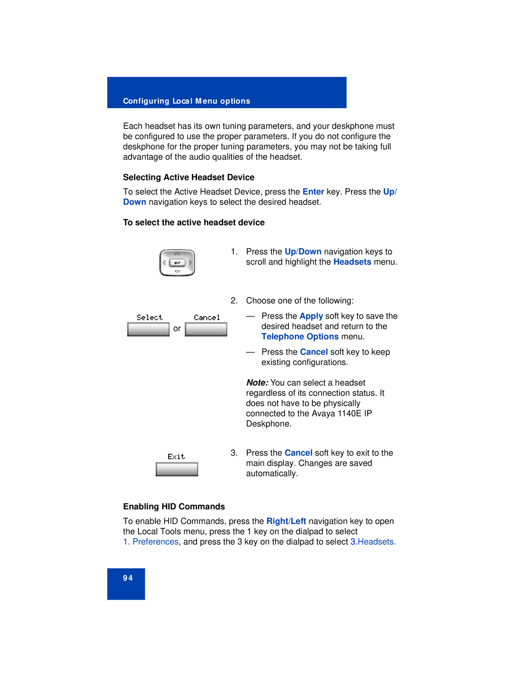 Avaya 1140E manual Selecting Active Headset Device, To select the active headset device, Enabling HID Commands 