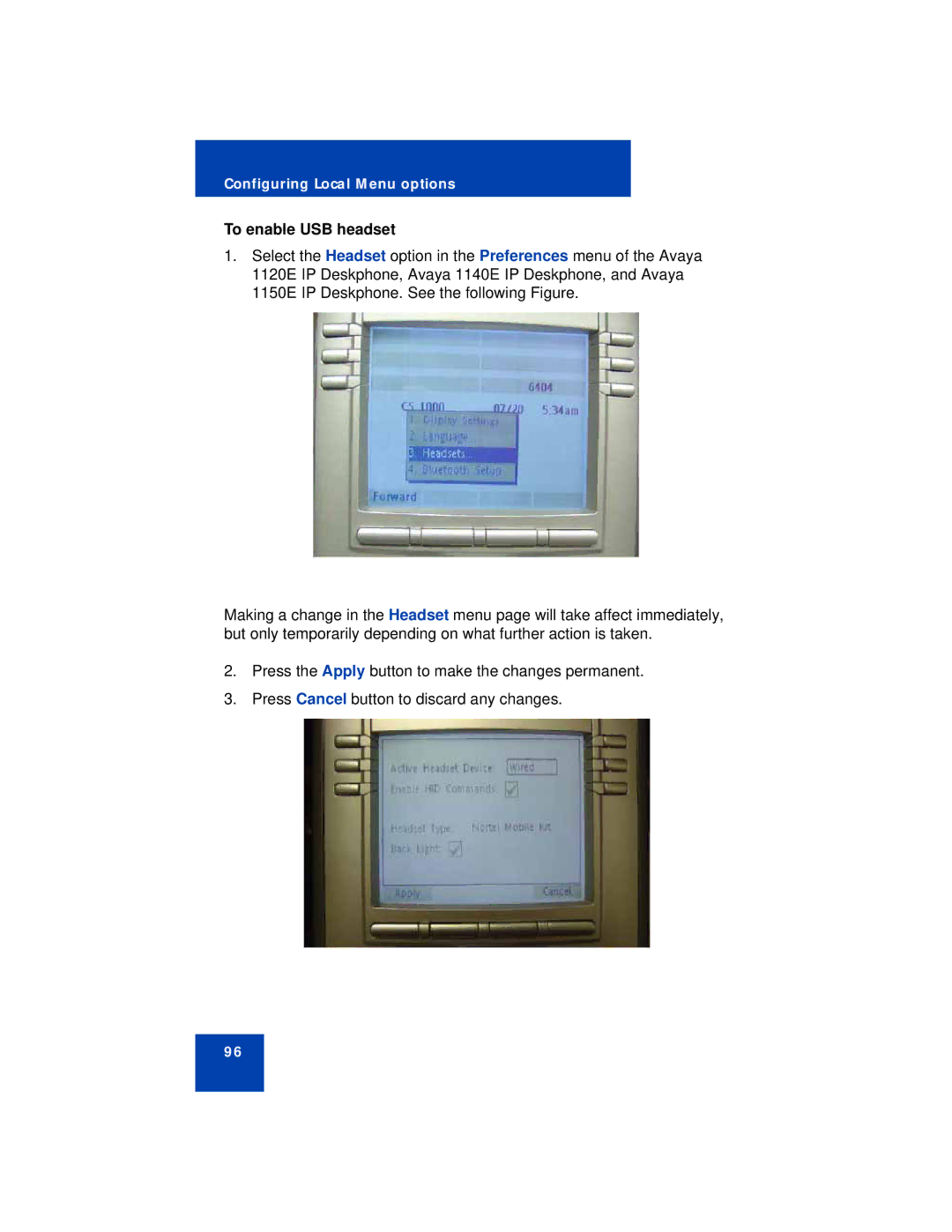 Avaya 1140E manual To enable USB headset 