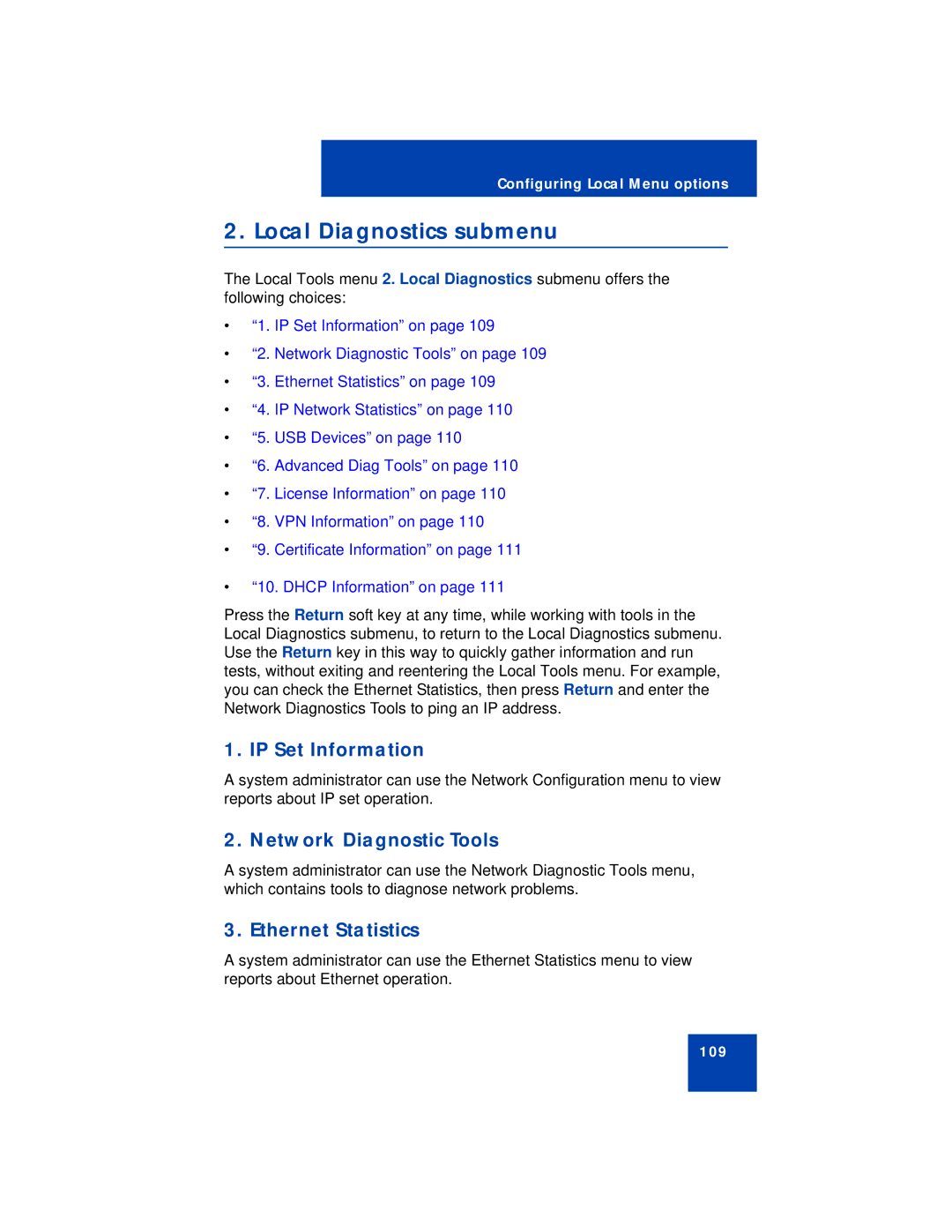 Avaya 1150E manual Local Diagnostics submenu, IP Set Information, Network Diagnostic Tools, Ethernet Statistics 