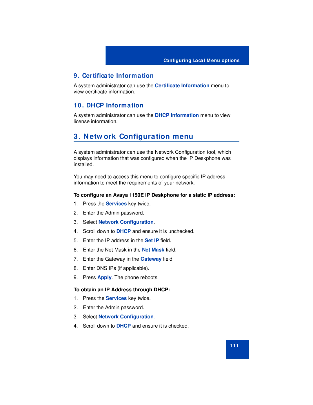 Avaya 1150E manual Network Configuration menu, Certificate Information, Dhcp Information, Select Network Configuration 