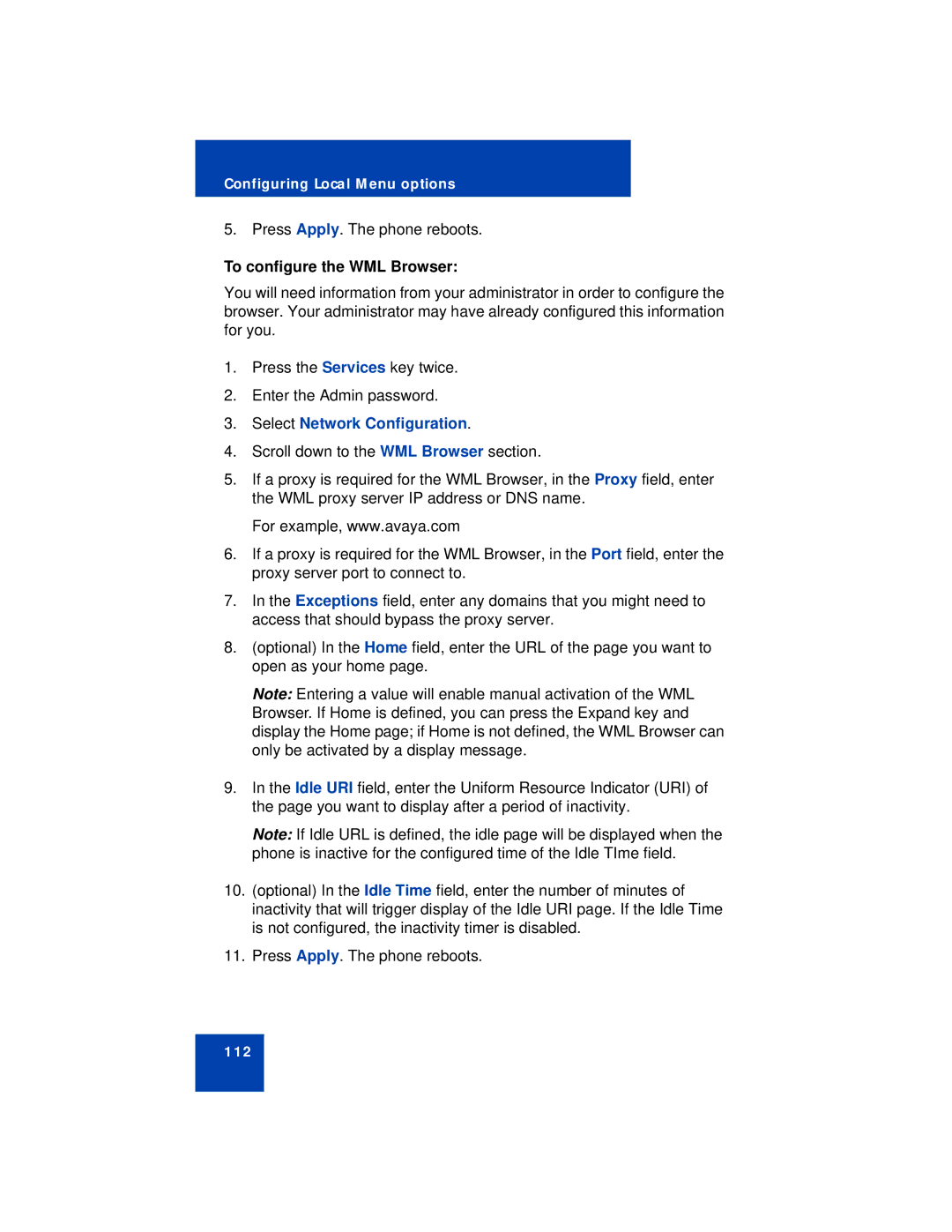 Avaya 1150E manual To configure the WML Browser 