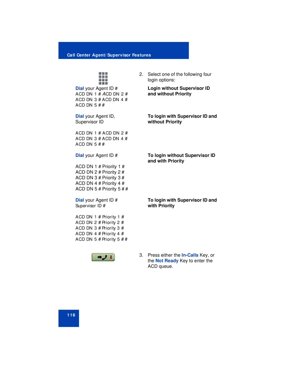 Avaya 1150E manual Login without Supervisor ID, Without Priority, To login without Supervisor ID, With Priority 