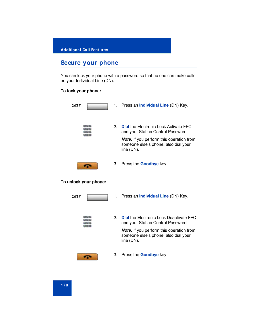 Avaya 1150E manual Secure your phone, To lock your phone, To unlock your phone 