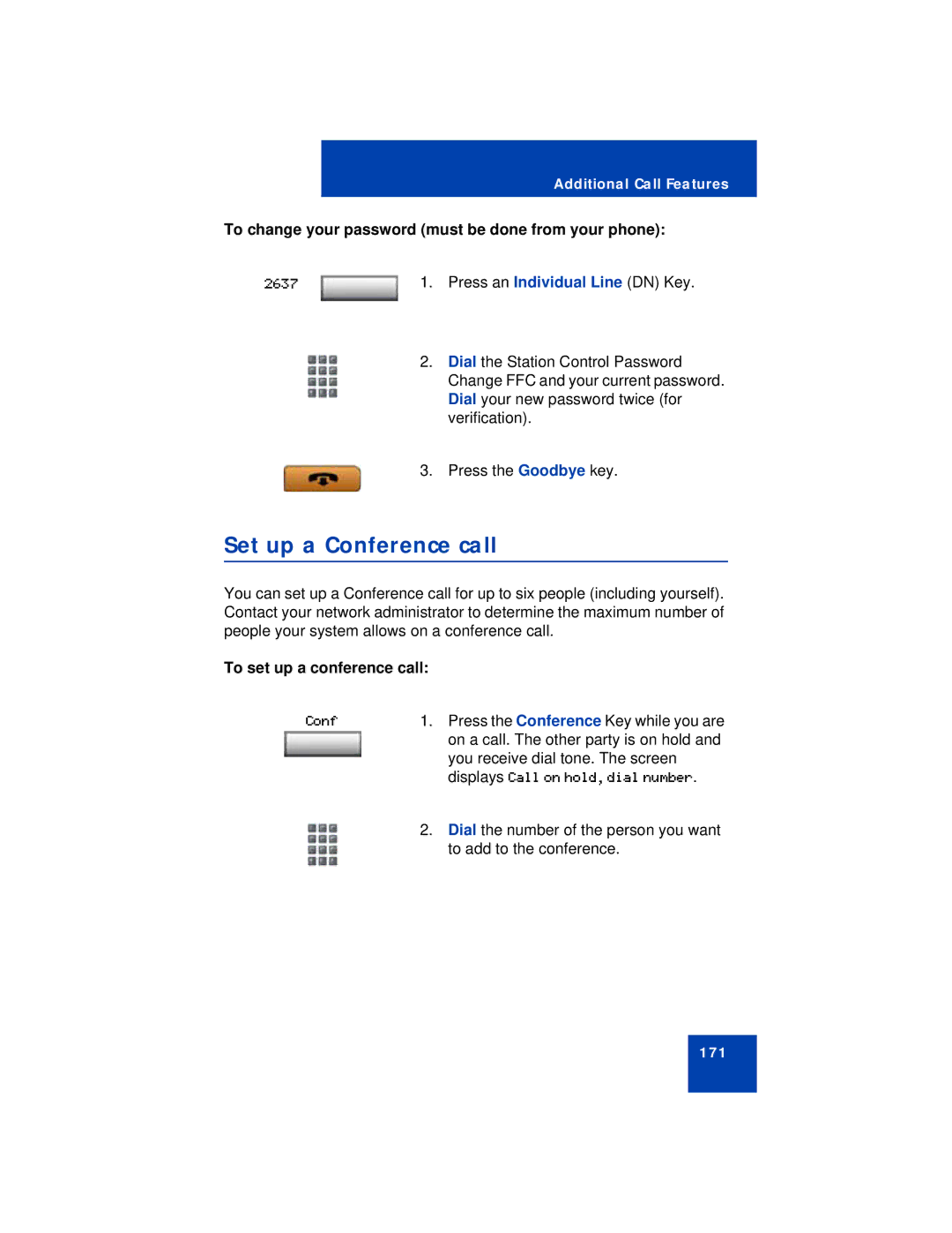 Avaya 1150E Set up a Conference call, To change your password must be done from your phone, To set up a conference call 