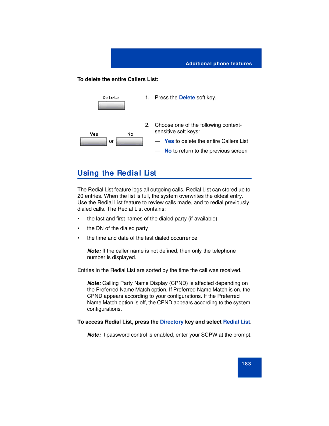 Avaya 1150E manual Using the Redial List, To delete the entire Callers List 