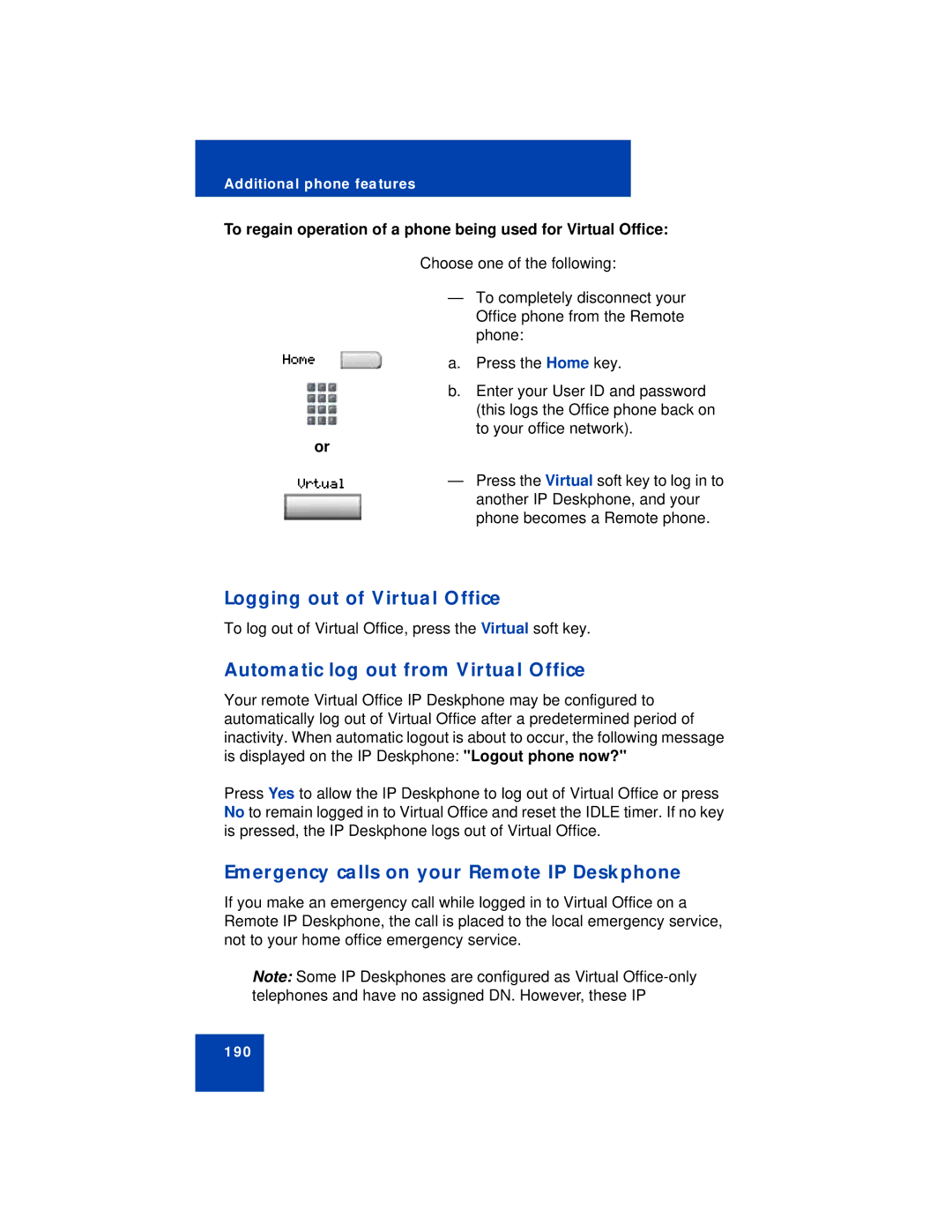 Avaya 1150E manual Logging out of Virtual Office, Automatic log out from Virtual Office 