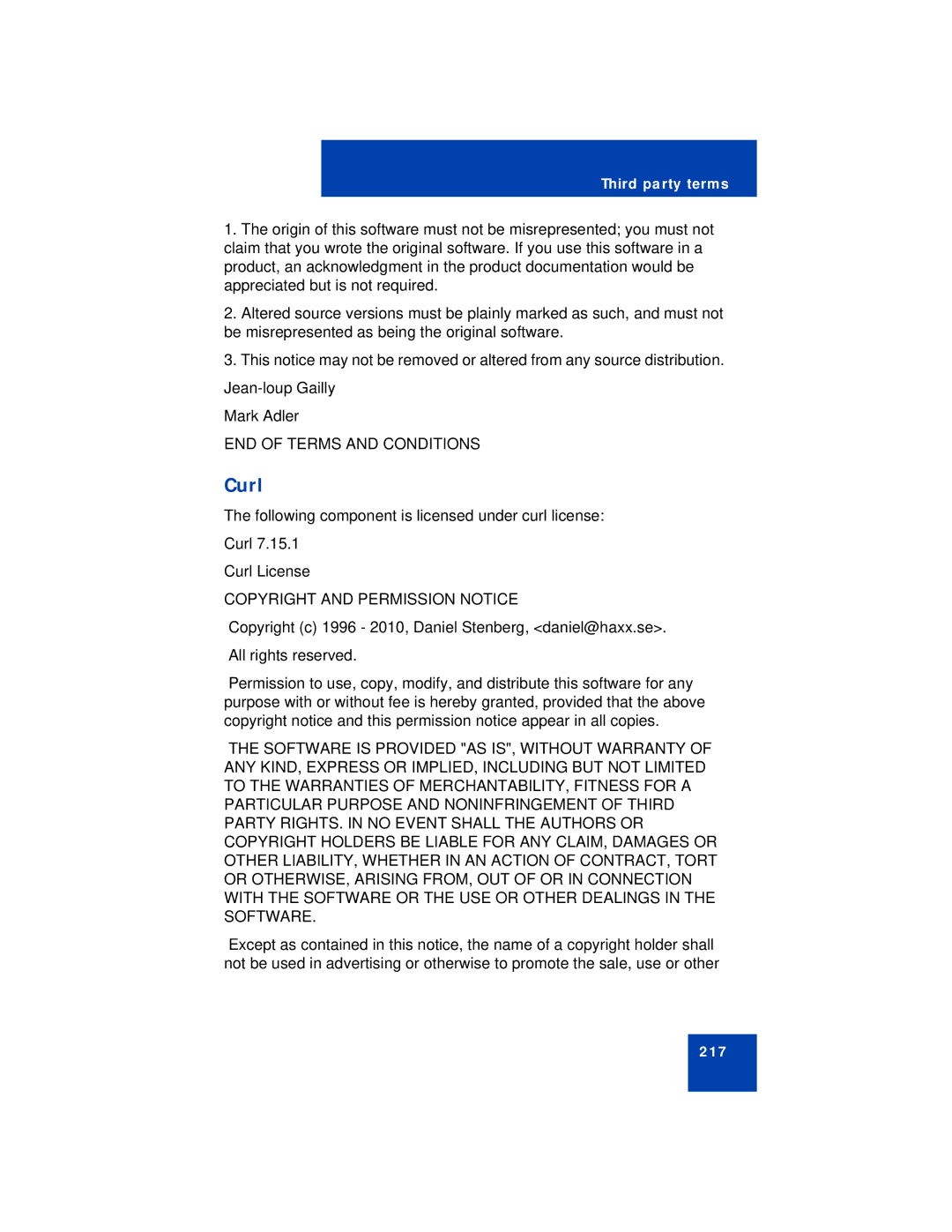 Avaya 1150E manual Curl, Copyright and Permission Notice 