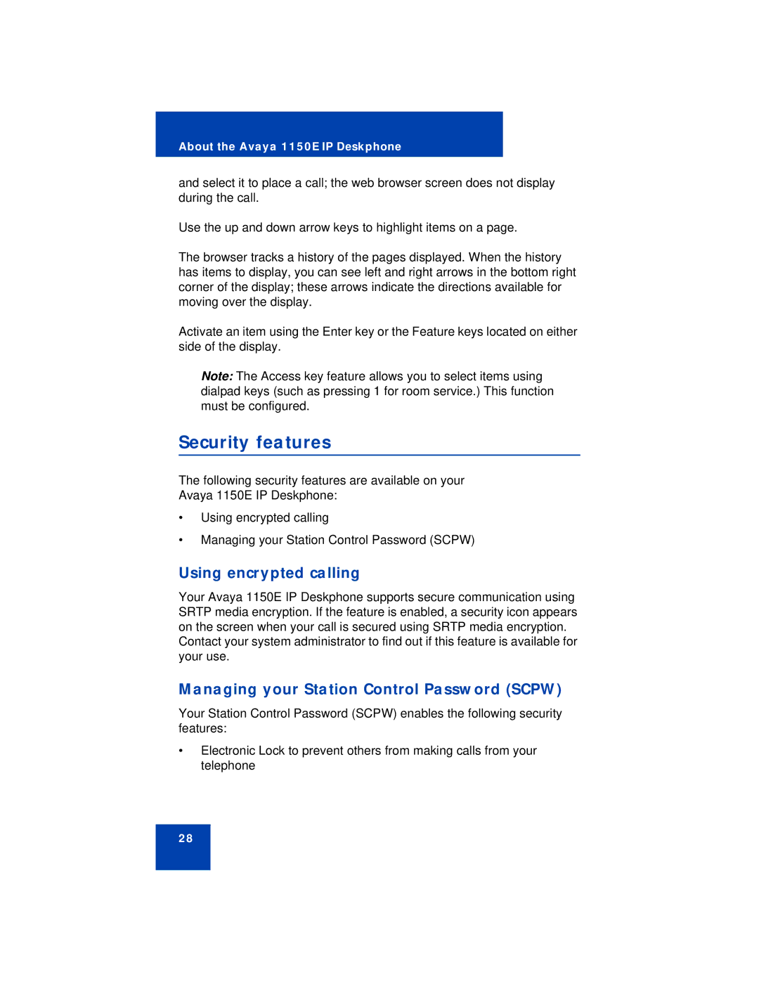 Avaya 1150E manual Security features, Using encrypted calling, Managing your Station Control Password Scpw 
