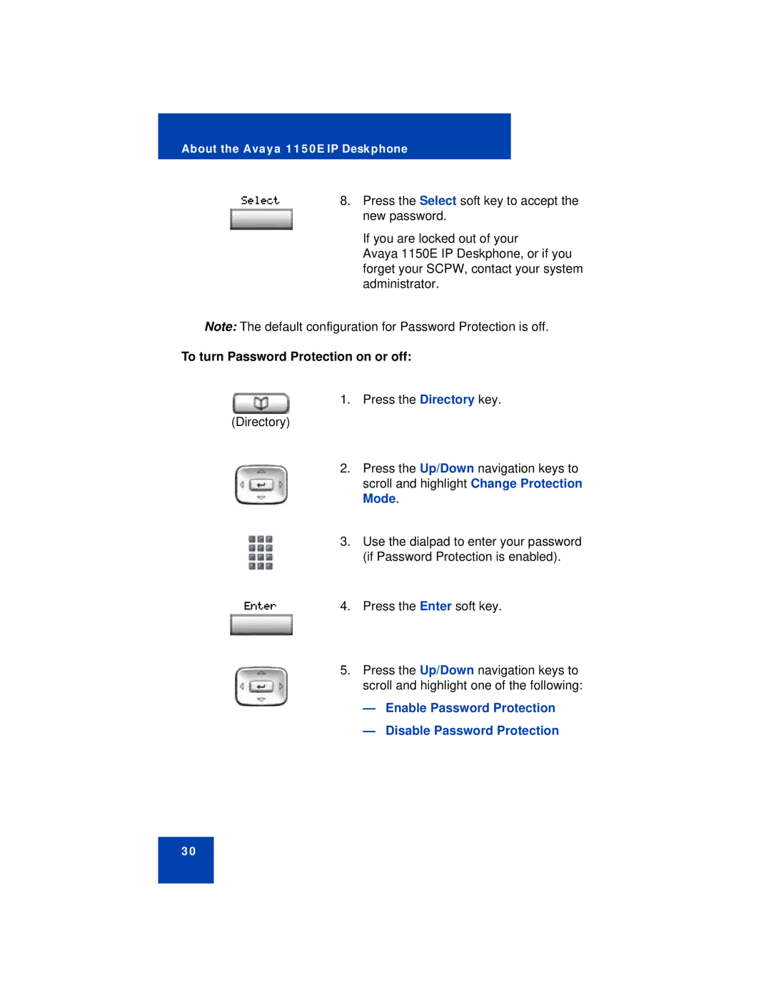 Avaya 1150E manual To turn Password Protection on or off, Mode, Enable Password Protection, Disable Password Protection 