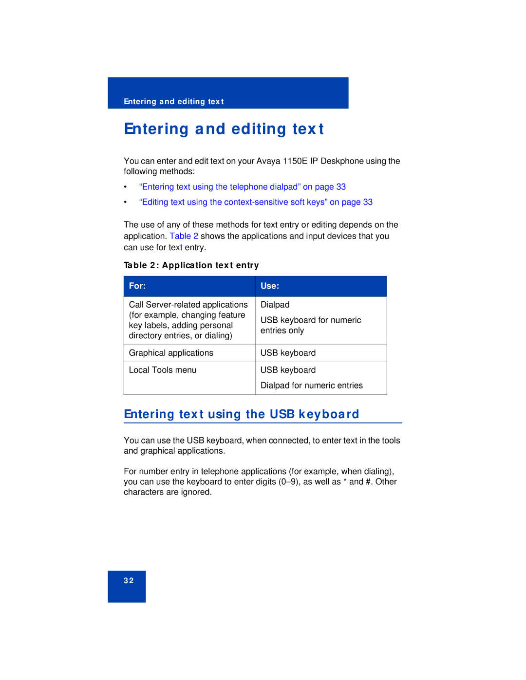 Avaya 1150E manual Entering and editing text, Entering text using the USB keyboard, Application text entry 