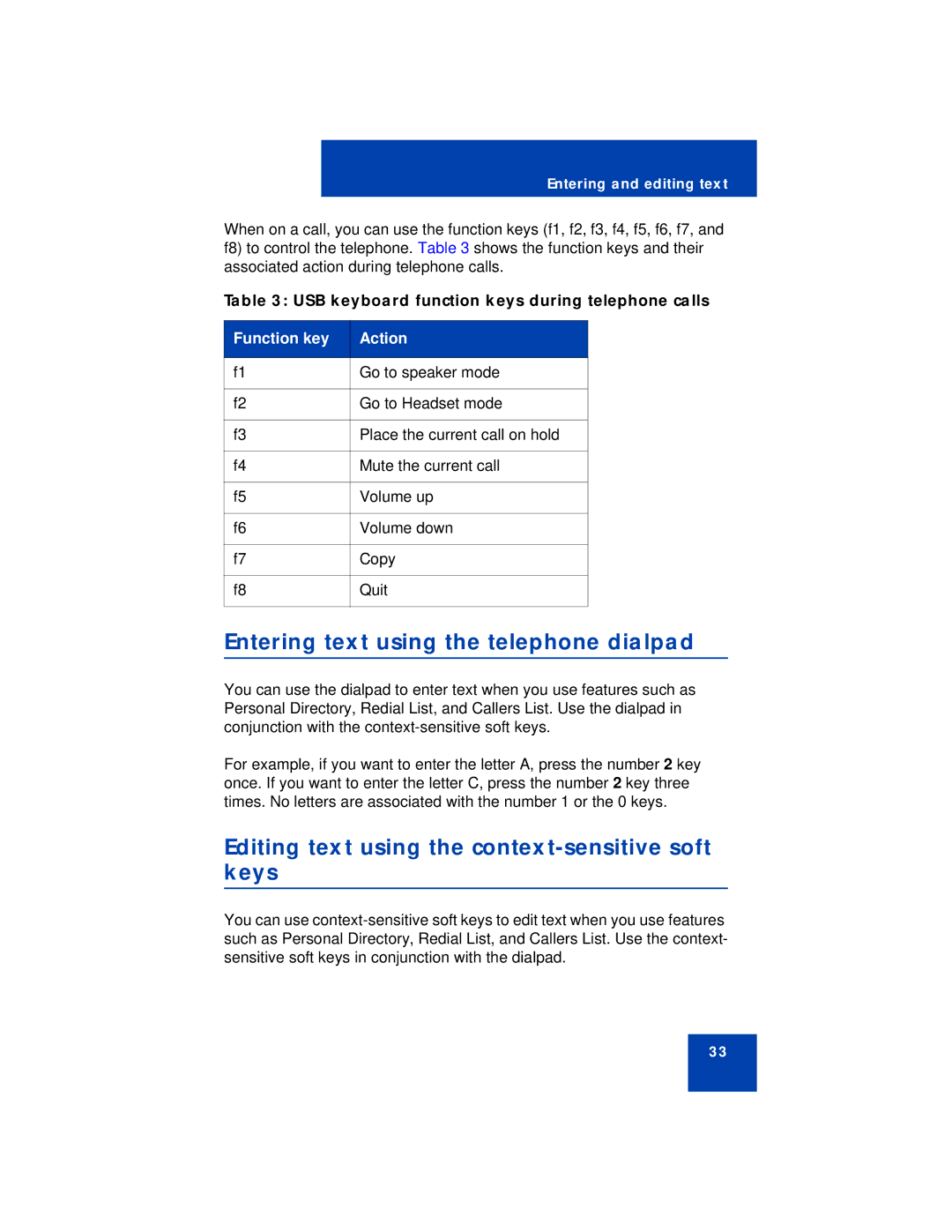 Avaya 1150E manual Entering text using the telephone dialpad, Editing text using the context-sensitive soft keys 