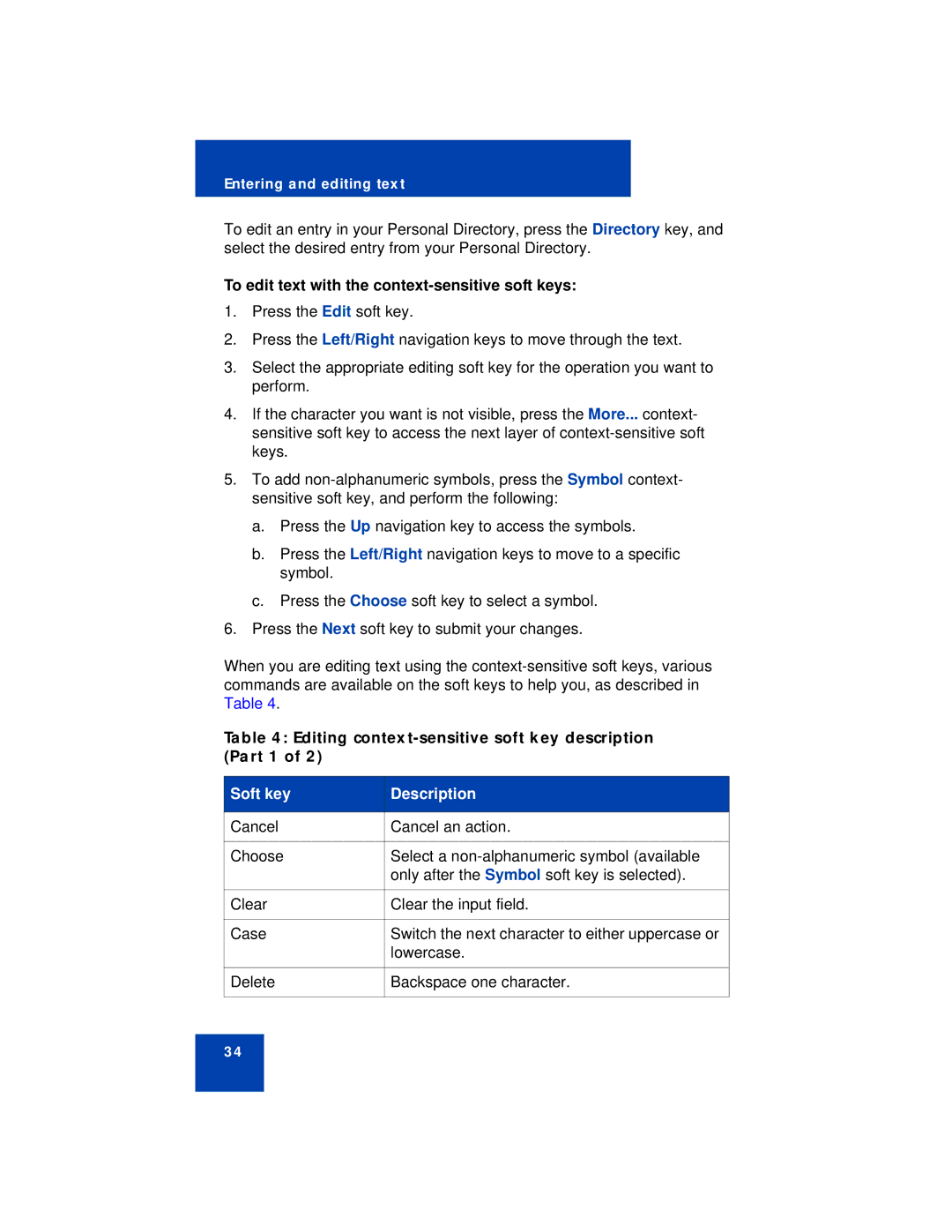 Avaya 1150E manual To edit text with the context-sensitive soft keys, Editing context-sensitive soft key description Part 1 