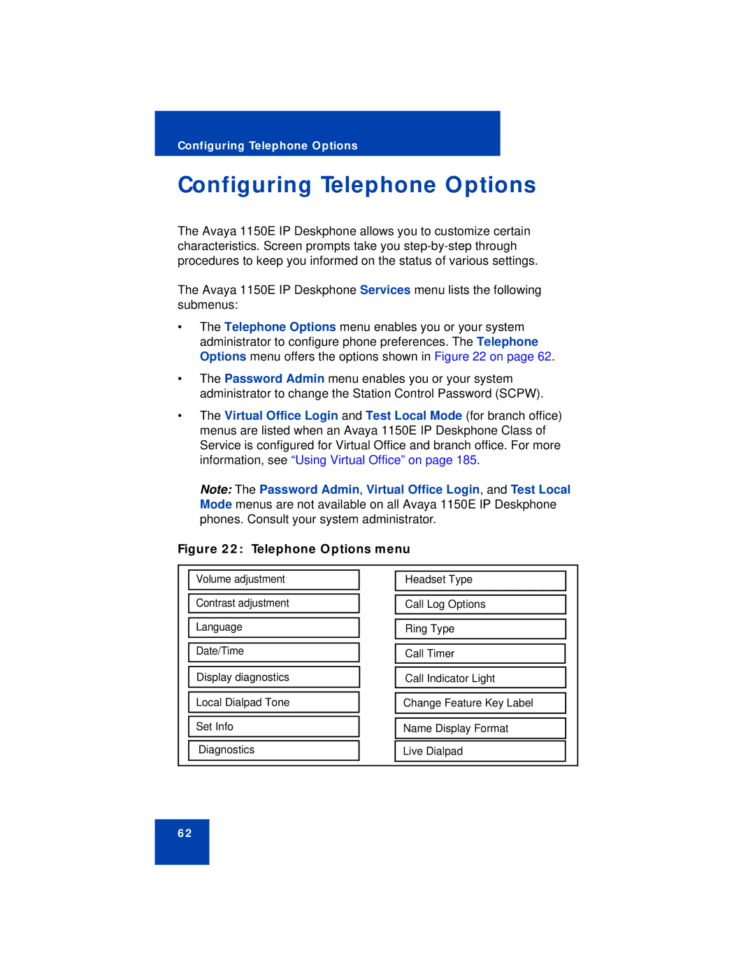 Avaya 1150E manual Configuring Telephone Options, Telephone Options menu 