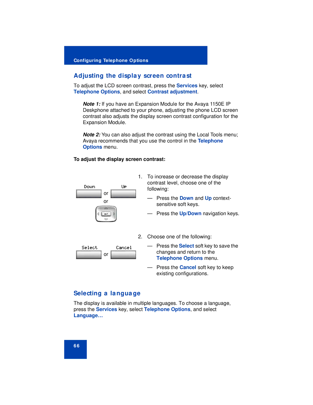 Avaya 1150E Adjusting the display screen contrast, Selecting a language, To adjust the display screen contrast, Language… 