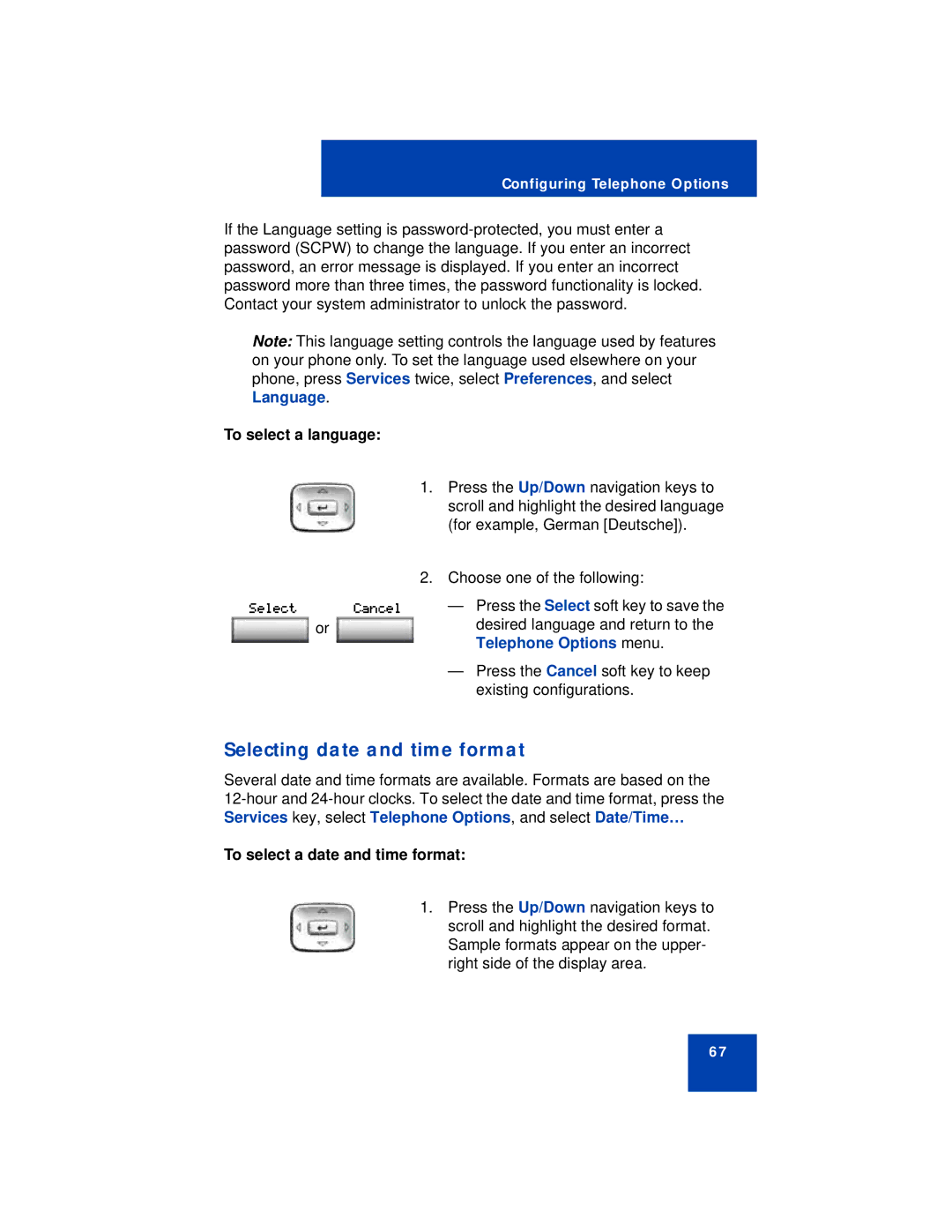 Avaya 1150E manual Selecting date and time format, To select a language, To select a date and time format 