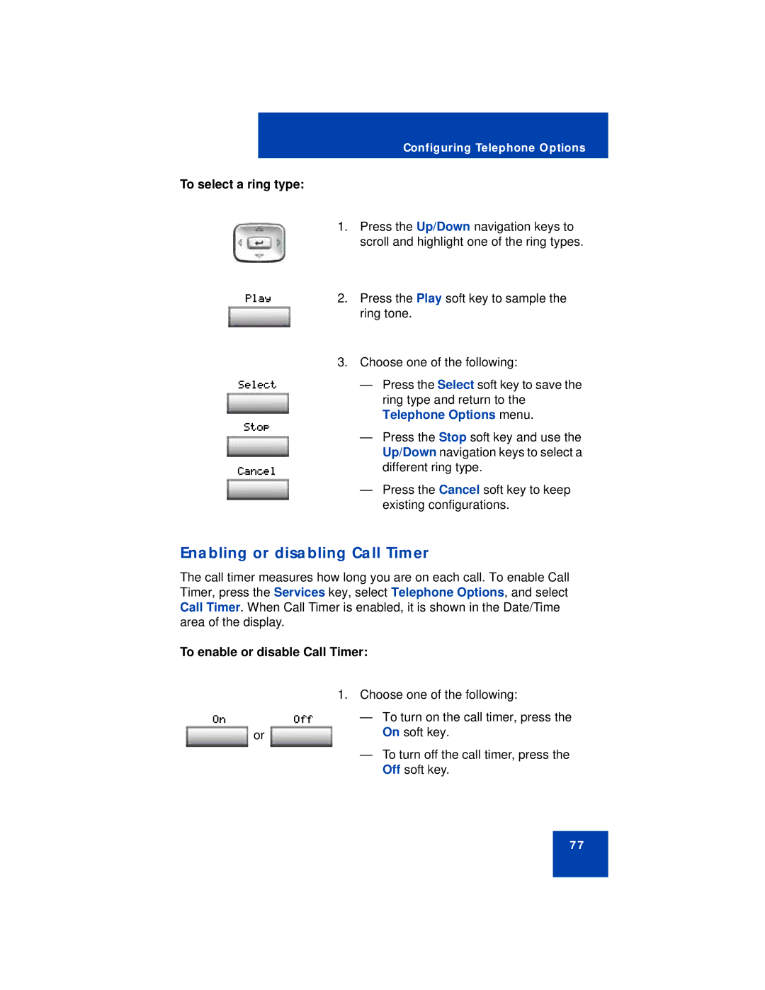 Avaya 1150E manual Enabling or disabling Call Timer, To select a ring type, To enable or disable Call Timer 