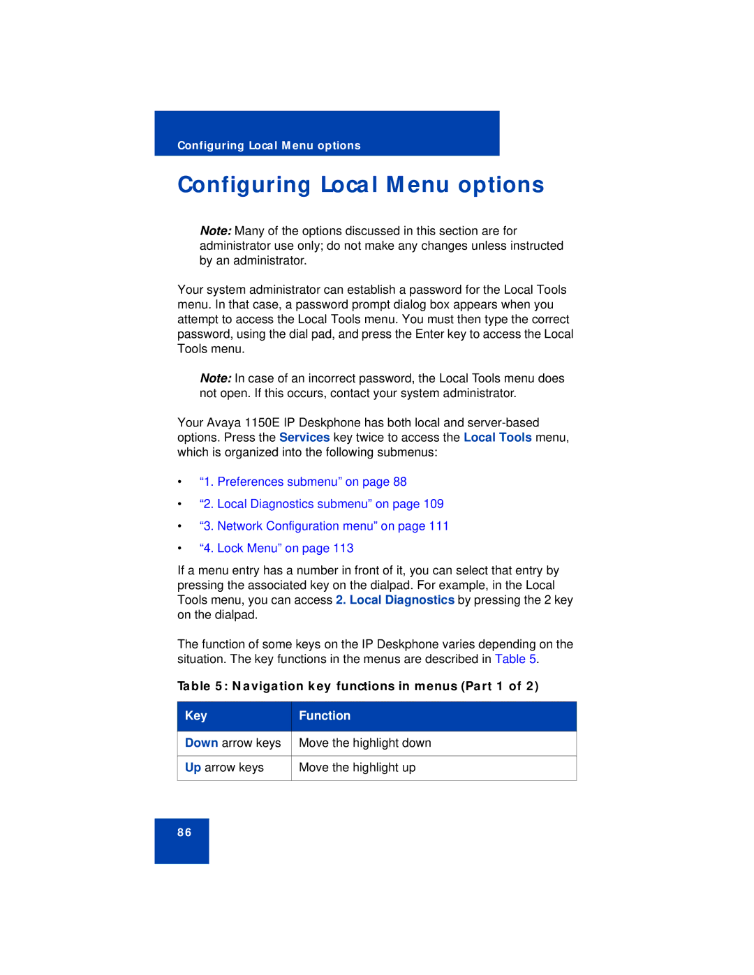 Avaya 1150E manual Configuring Local Menu options, Navigation key functions in menus Part 1 