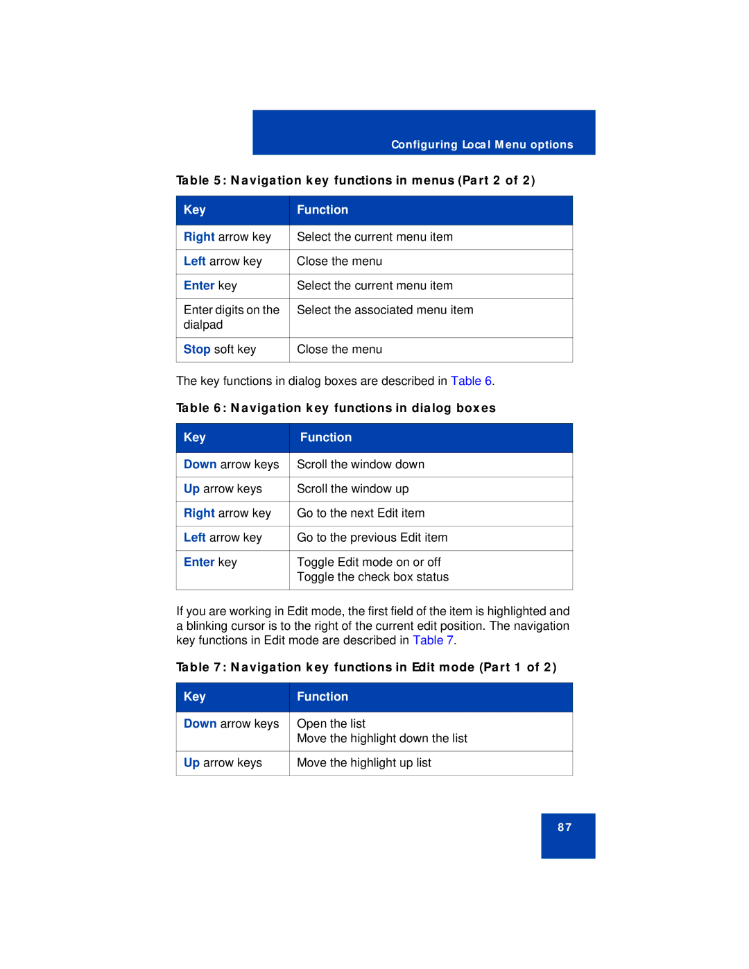 Avaya 1150E manual Navigation key functions in menus Part 2, Enter key, Navigation key functions in dialog boxes 