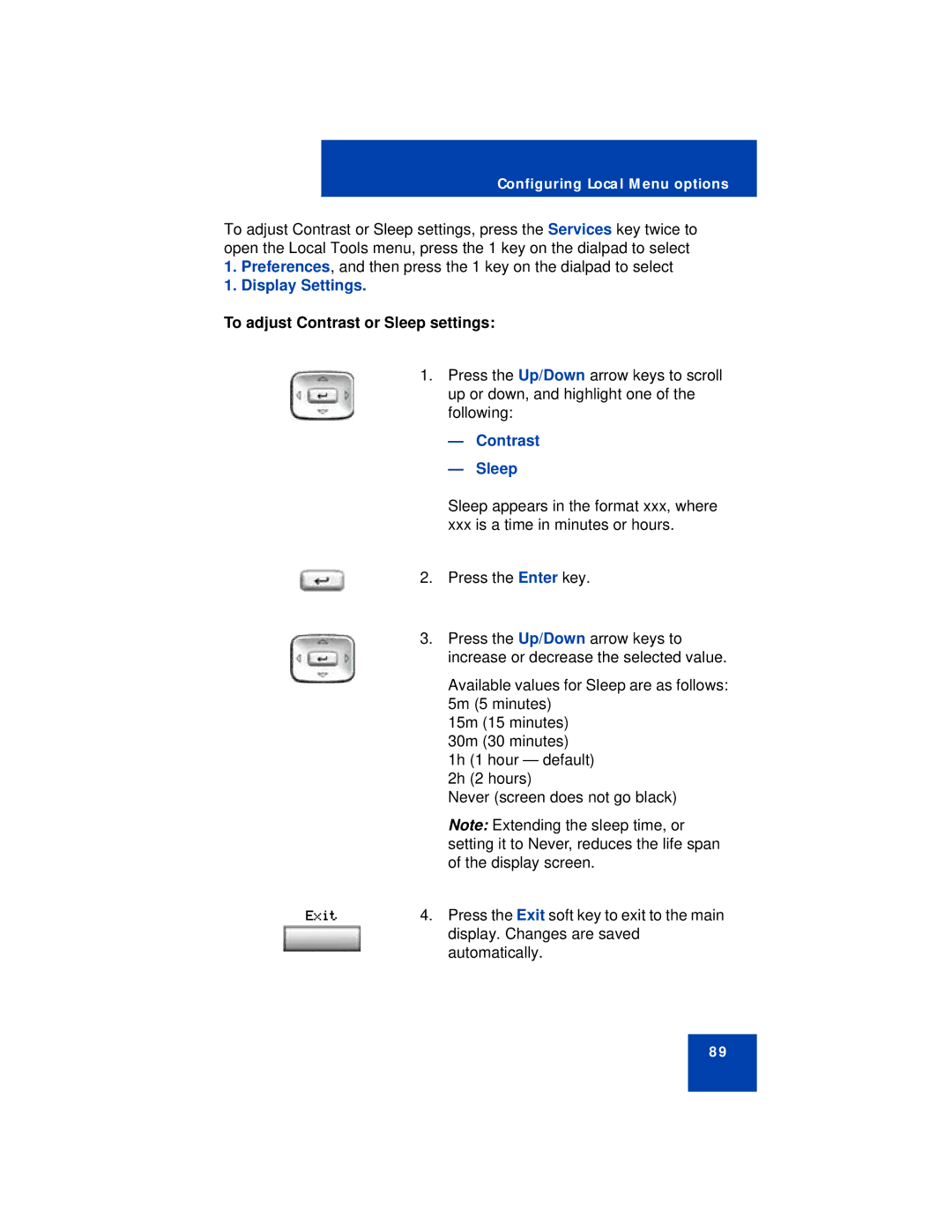 Avaya 1150E manual Display Settings, To adjust Contrast or Sleep settings, Contrast Sleep 