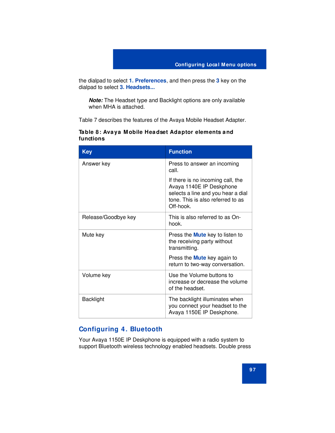 Avaya 1150E manual Configuring 4. Bluetooth, Avaya Mobile Headset Adaptor elements and functions 