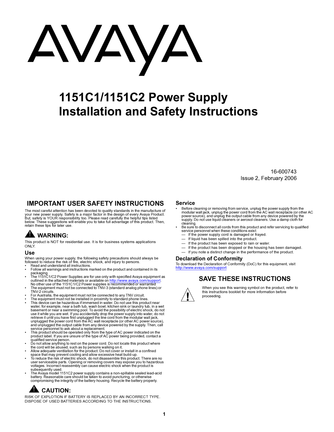 Avaya 1151C1, 1151C2 user service Important User Safety Instructions, Service, Declaration of Conformity 