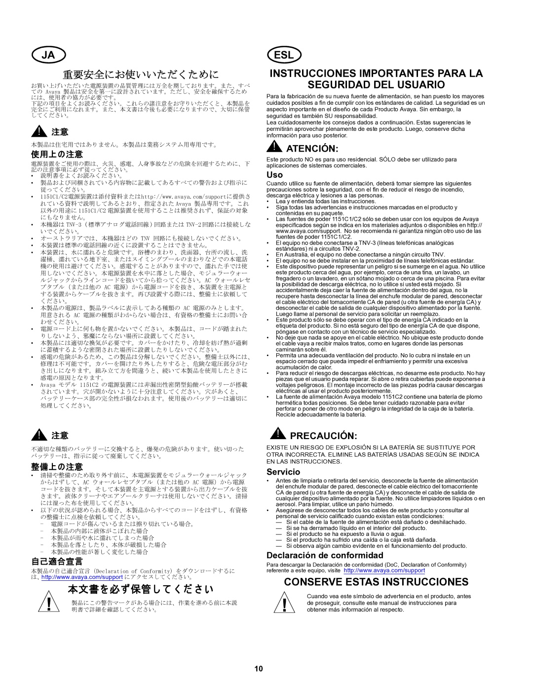 Avaya 1151C2, 1151C1 user service ESL Instrucciones Importantes Para LA Seguridad DEL Usuario, Servicio 