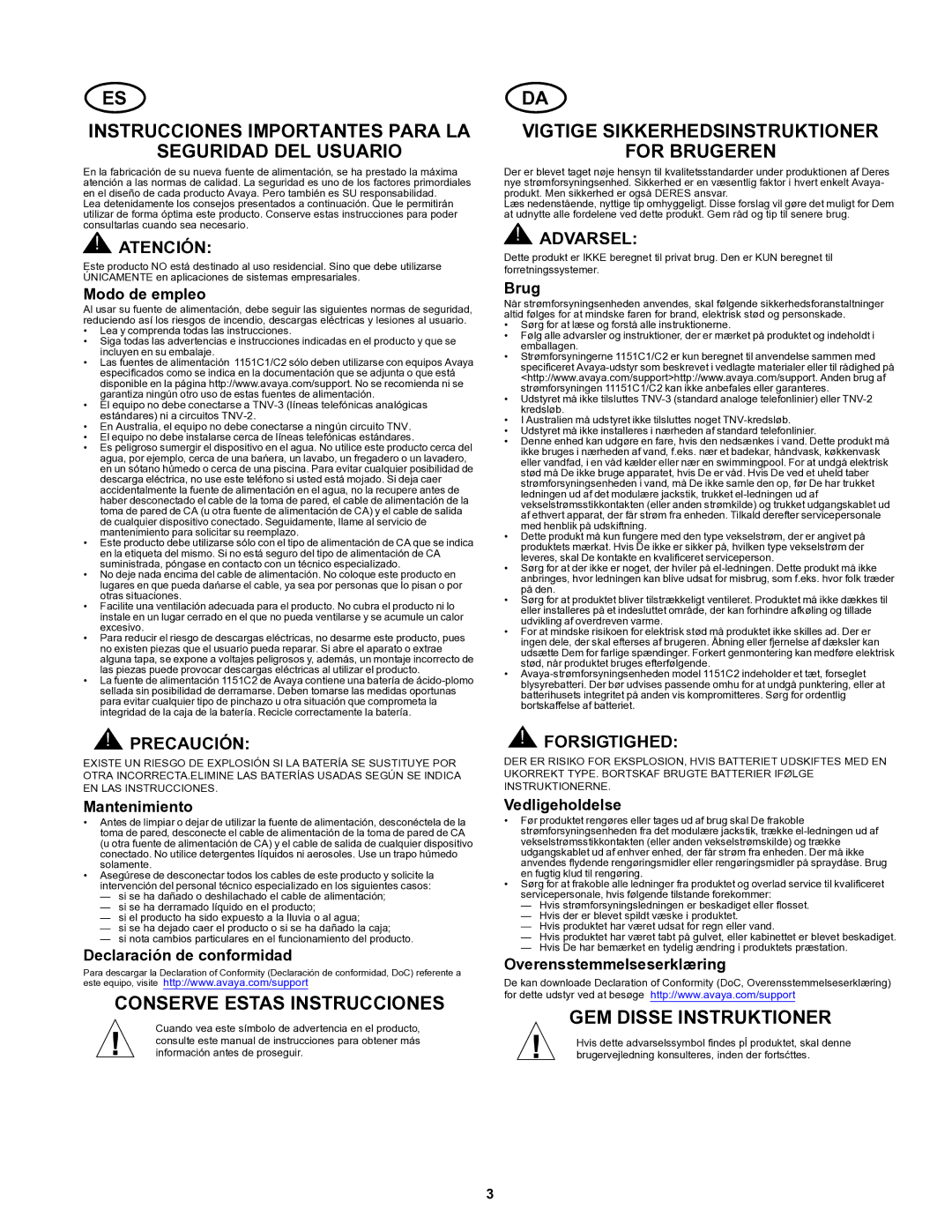 Avaya 1151C1, 1151C2 user service Instrucciones Importantes Para LA Seguridad DEL Usuario, Conserve Estas Instrucciones 